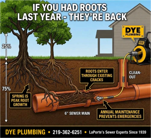 Tree roots intruding into an aging clay sewer pipe joint in LaPorte County